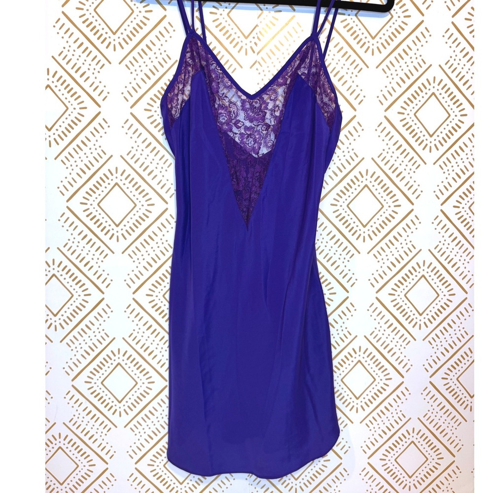 Vintage Victorias Secret Gold Label Purple Lace Trim Chemise Slip Dress Nightie